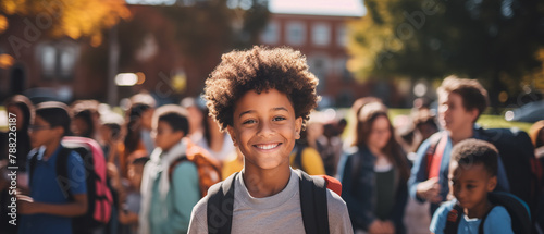Bright-eyed African American schoolboy with a backpack, warmly smiling amid a bustling crowd on his exciting first day back to school. photo