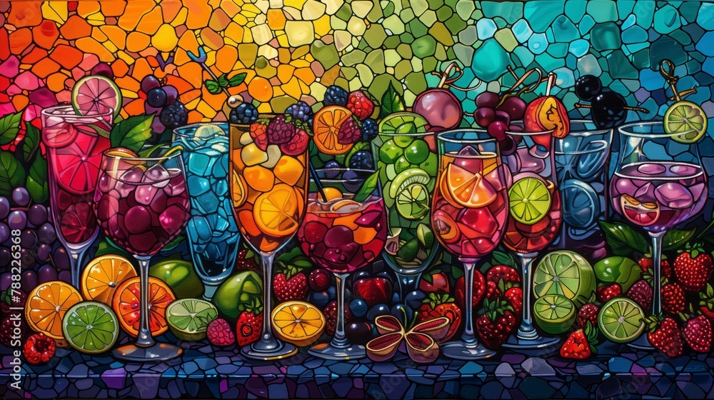 Vibrant Mosaic Artwork of Fruit Cocktails

