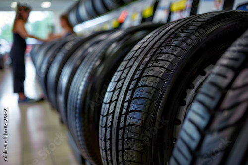 In the busy automotive dealership, a customer meticulously reviews tire options before choosing new ones for their vehicle