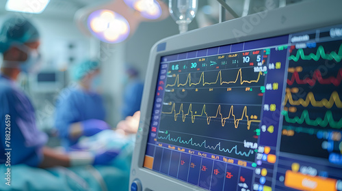 ECG monitor in intensive care unit showing patient's heart rate in hospital operating room. health concept 