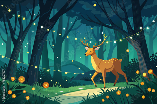 Deer leading a line of fireflies through the woods