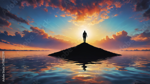 Silhouette Man stand on rock arrounding water under horizon sunset light sky photo