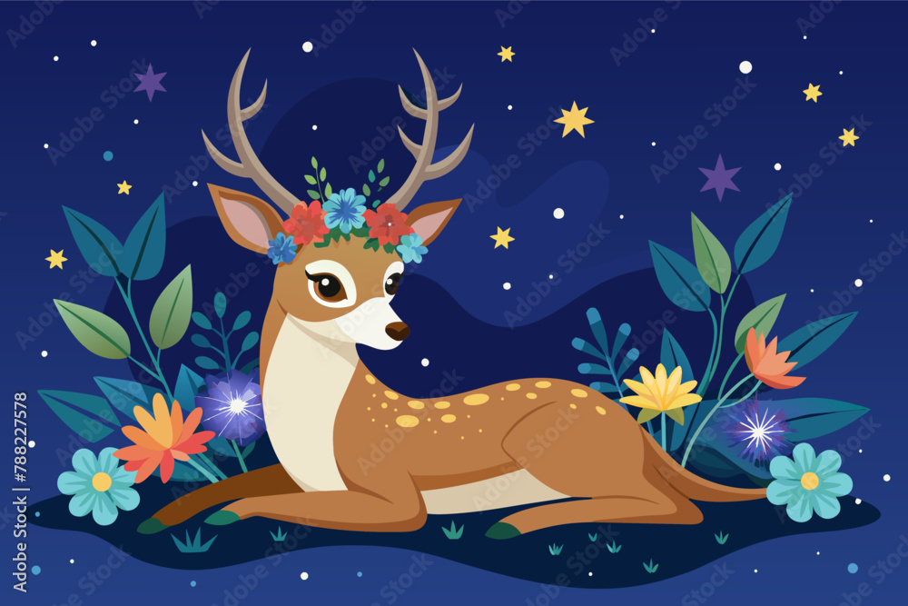 A deer with a flower crown resting under a starlit sky