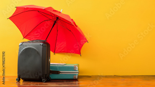 A red umbrella and luggage on a yellow wall, AI photo