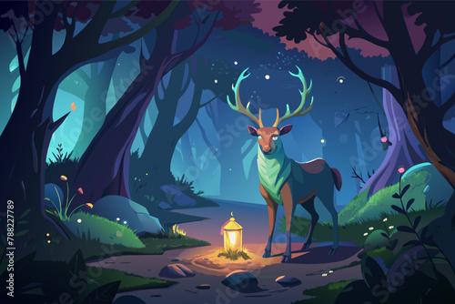 A deer with a magical glowing lantern in a dark forest