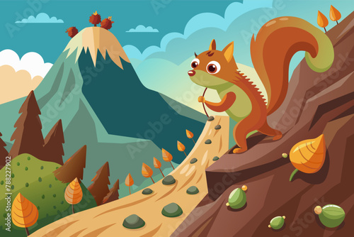 A determined squirrel climbing a steep mountain trail filled with acorns