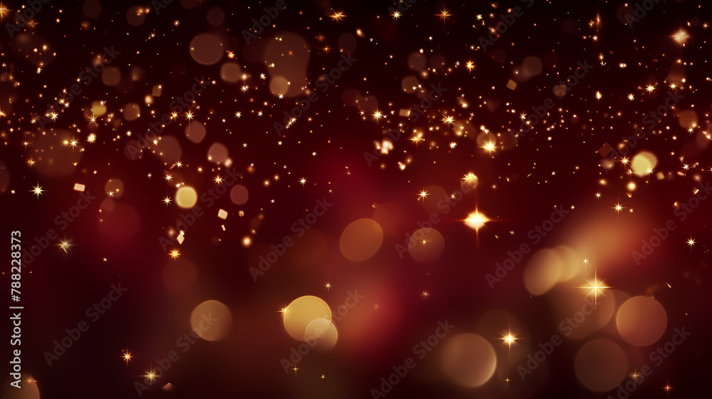 Red background with golden sparkling particles and bokeh lights Red background with golden sparkling particles and bokeh lights
