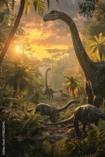 A Diplodocus herd moving through a valley lush with giant ferns under a setting sun photo