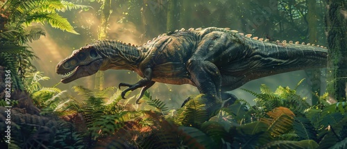 A dramatic chase scene with a predator dinosaur weaving through dense giant ferns after its prey