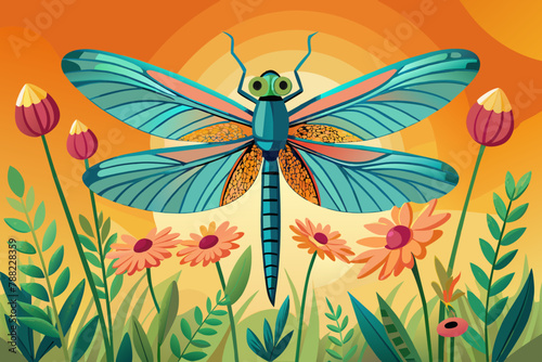 A dragonfly resting on a wildflower illustration