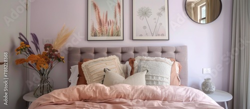 A genuine photograph of contemporary posters displayed above a bed with a headboard in a pastel bedroom, alongside a mirror. photo