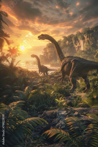 A Diplodocus herd moving through a valley lush with giant ferns under a setting sun photo