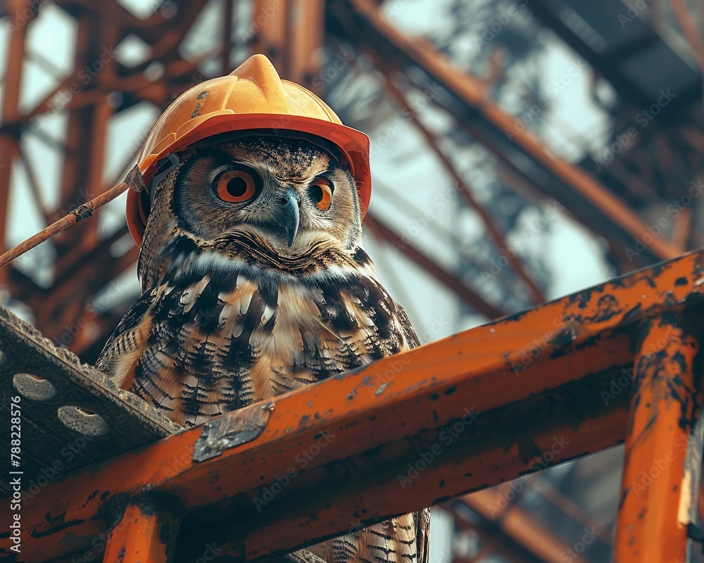 Naklejka premium A wise owl wearing a foreman s hat, overseeing the construction site from atop a crane, symbolizing oversight and strategic planning ,no contrast