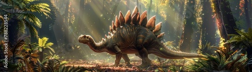 A Stegosaurus standing majestically among giant ferns, with sunlight filtering through the foliage