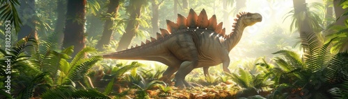 A Stegosaurus standing majestically among giant ferns  with sunlight filtering through the foliage
