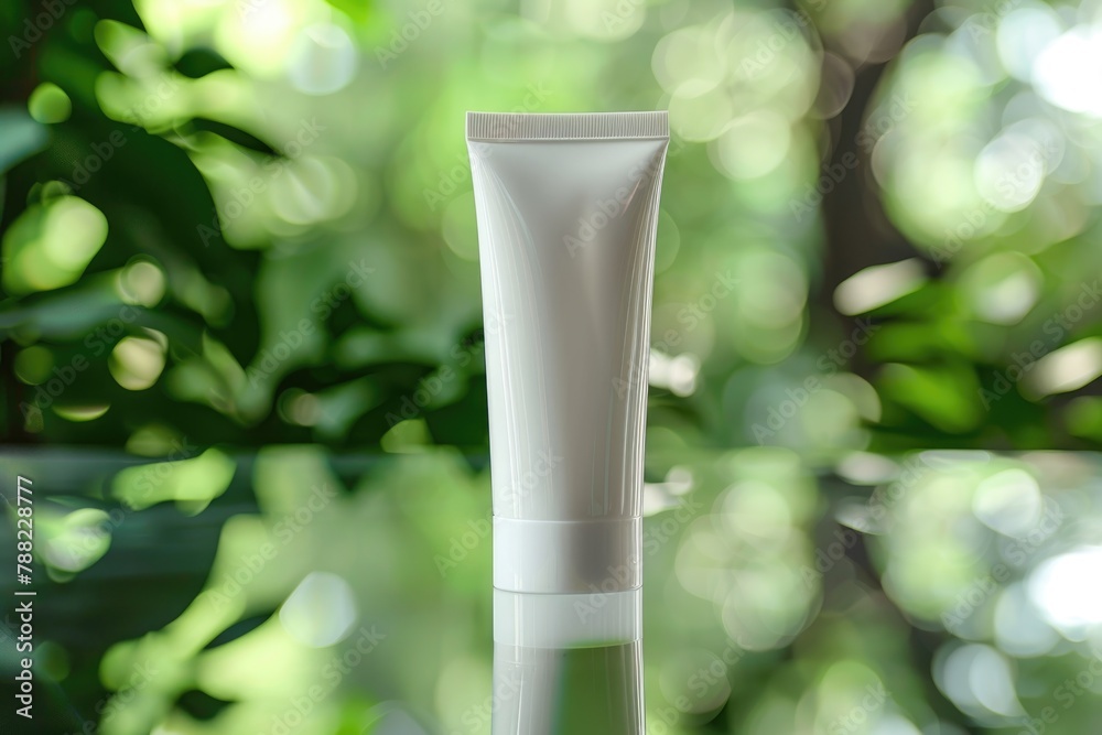 Blank Cosmetic Tube on Natural Green Bokeh Background Blank Cosmetic Tube on Natural Green Bokeh Background