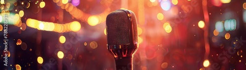 An old-fashioned microphone surrounded by vibrant, out-of-focus bokeh lights during a live performance