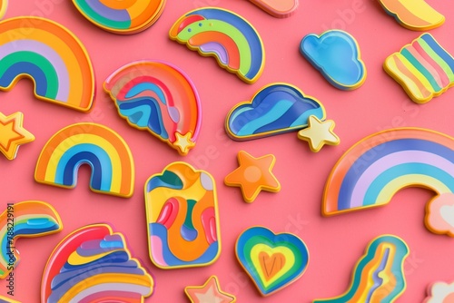 Vibrant Collection of LGBTQ Enamel Stickers and pins on Pink Background photo