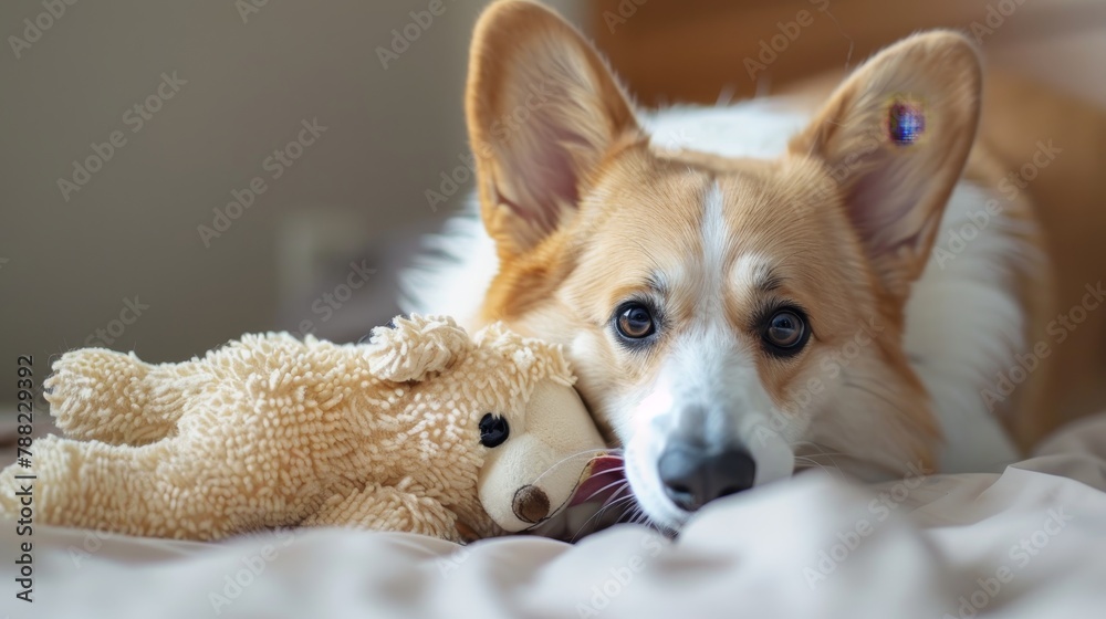 Adorable corgi dog brings owner favorite soft toy for playful interaction and fun bonding time Adorable corgi dog brings owner favorite soft toy for playful interaction and fun bonding time