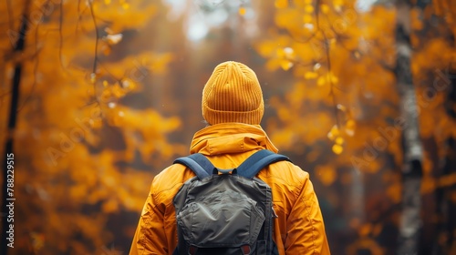 An individual in workwear, seen from behind, on a contemplative walk through a vibrant autumn forest photo