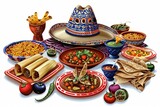 A colorful table setting with a sombrero centerpiece, surrounded by traditional Mexican dishes like tamales, mole, and pozole. Illustration