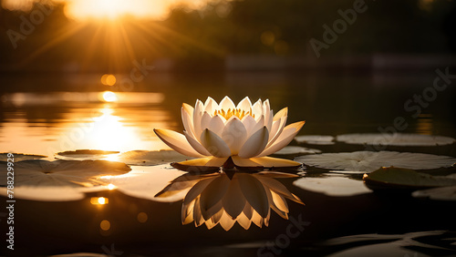 Lotus flowers blooming in the mire of a lake at sunset