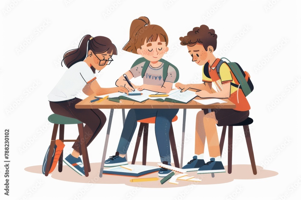 A heartwarming illustration of siblings collaborating on schoolwork at a table.
