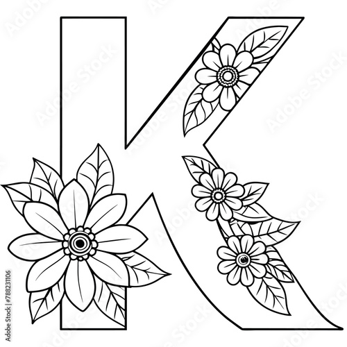 Alphabet K coloring page with the flower, K letter digital outline floral coloring page, ABC coloring page