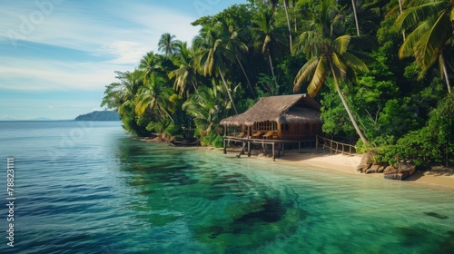 A small hut on the beach surrounded by palm trees, AI