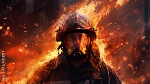 A courageous firefighter engulfed in an intense heat and flames of a raging fire, bravely battling the inferno with determined eyes and protective gear