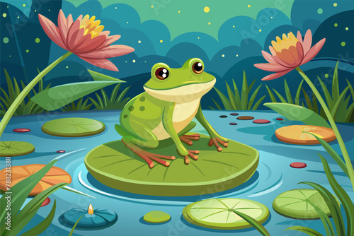 A frog balancing on a water lily in a pond