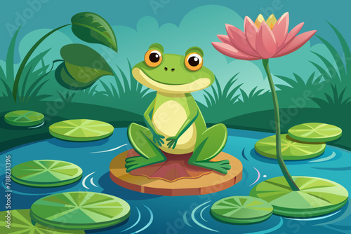 A frog balancing on a water lily in a pond