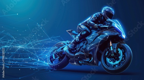 A racer on a sports motorcycle. Polygonal construction of concatenated lines and points. photo