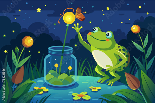 A frog catching fireflies in a jar