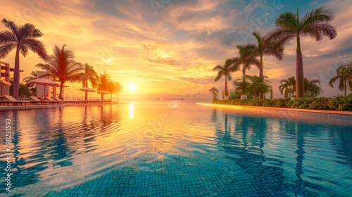 A pool with sun setting over it and palm trees, AI