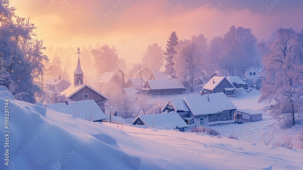 Serene winter village scene at dawn.