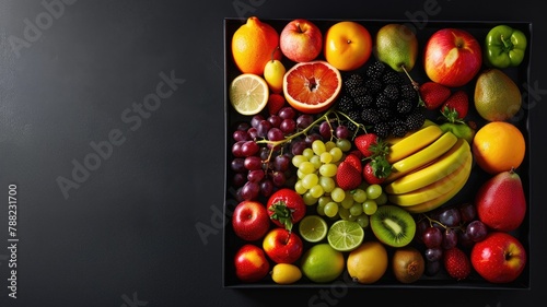 Assortment of colorful fruits on a black background.