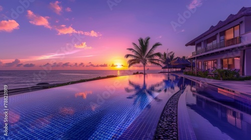 A pool with a view of the ocean at sunset, AI