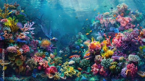 Vibrant underwater coral reef with diverse marine life.
