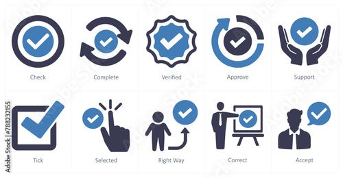 A set of 10 checkmark icons as check, complete, verified photo