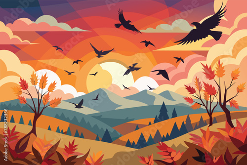 A group of birds migrating across a colorful autumn sky photo