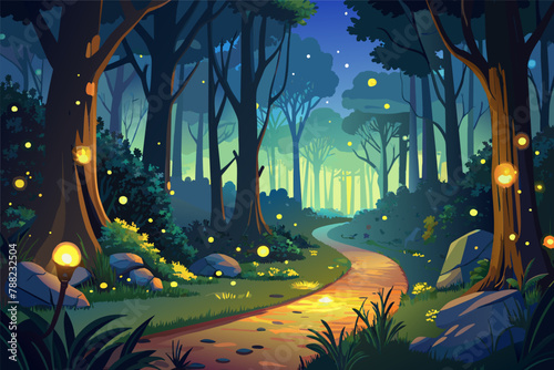 A group of fireflies lighting up a forest path at dusk