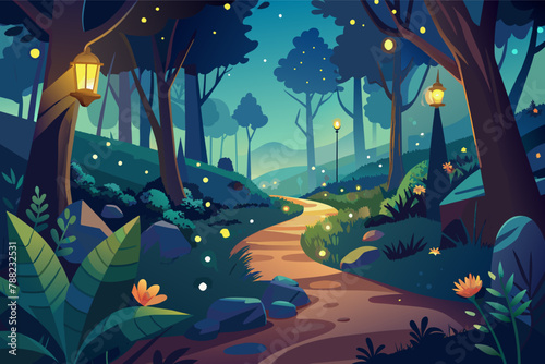 A group of fireflies lighting up a forest path at dusk