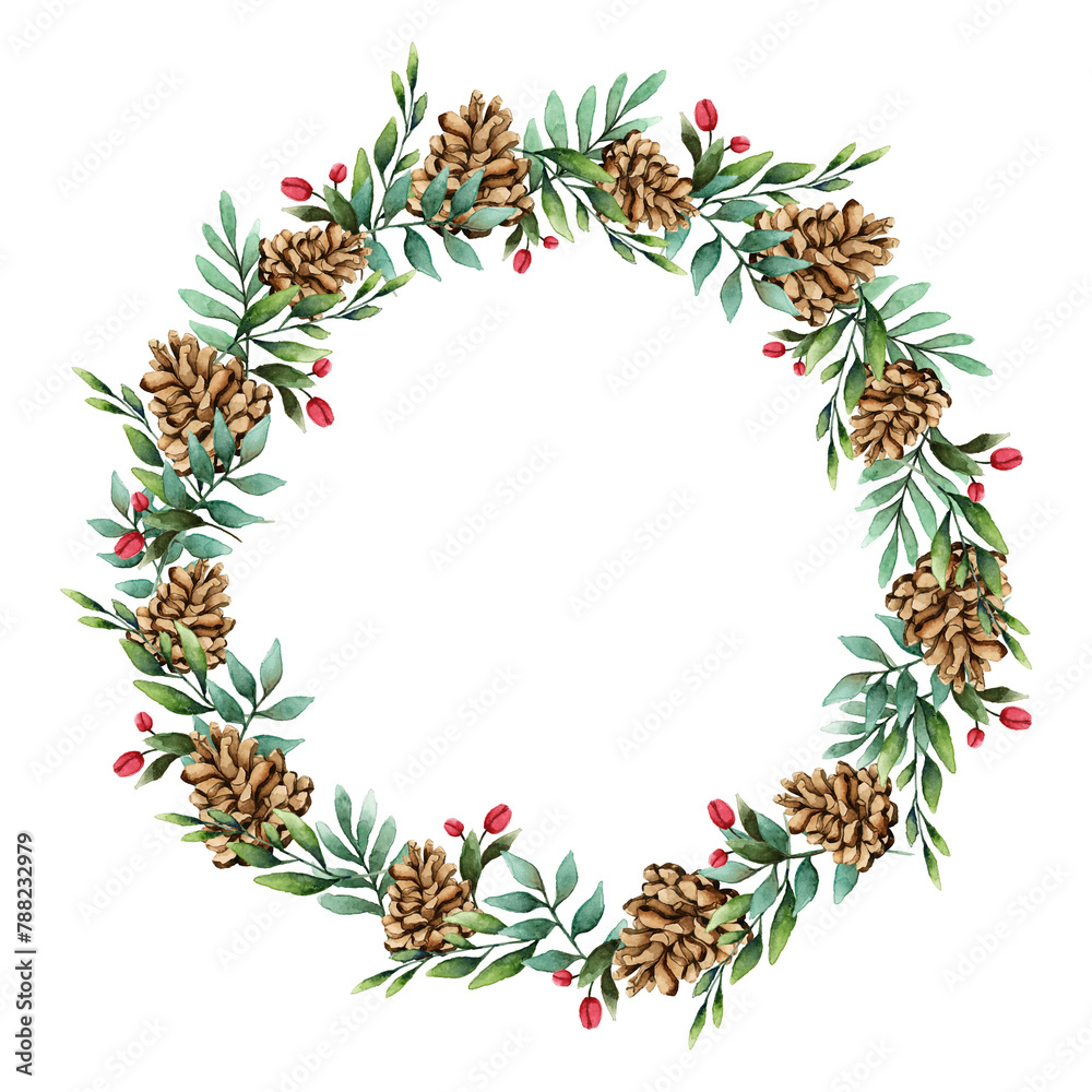 Fototapeta premium Christmas wreath png frame, watercolor aesthetic illustration on transparent background