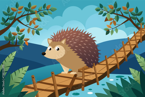 A hedgehog crossing a bridge made of twigs