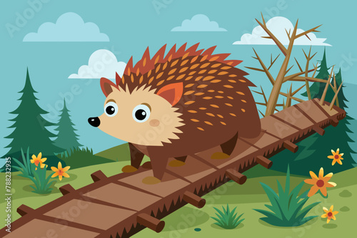 A hedgehog crossing a bridge made of twigs