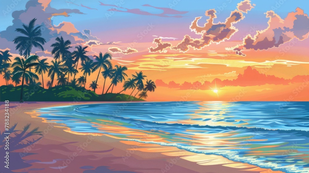 A painting of a sunset on the beach with palm trees, AI