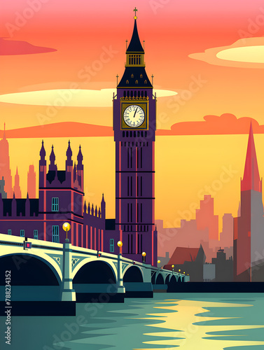 Drawing with London at sunset. Cartoon illustration with Big Ben. 