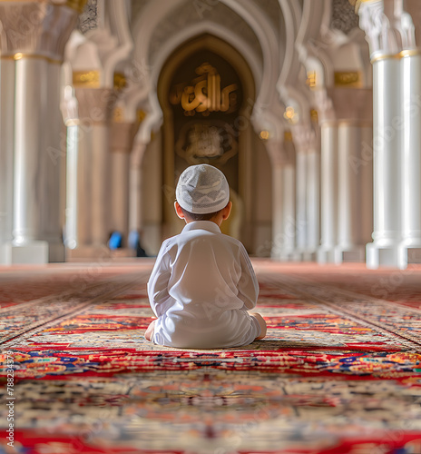 Little Muslim boy in a praye cap and Arabic clothes with rosary beads reading holy quran book praying to Allah, prophet Muhammad holy spirit religion symbol concept inside eastern traditional interior photo