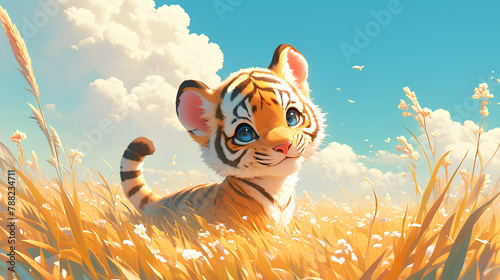 Cute baby tiger in field background illustration